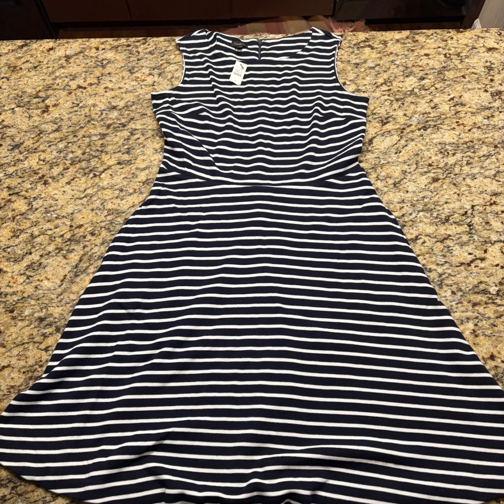 NEW Talbots Navy Blue White Striped Sleeveless Fit Flare Dress Medium ws